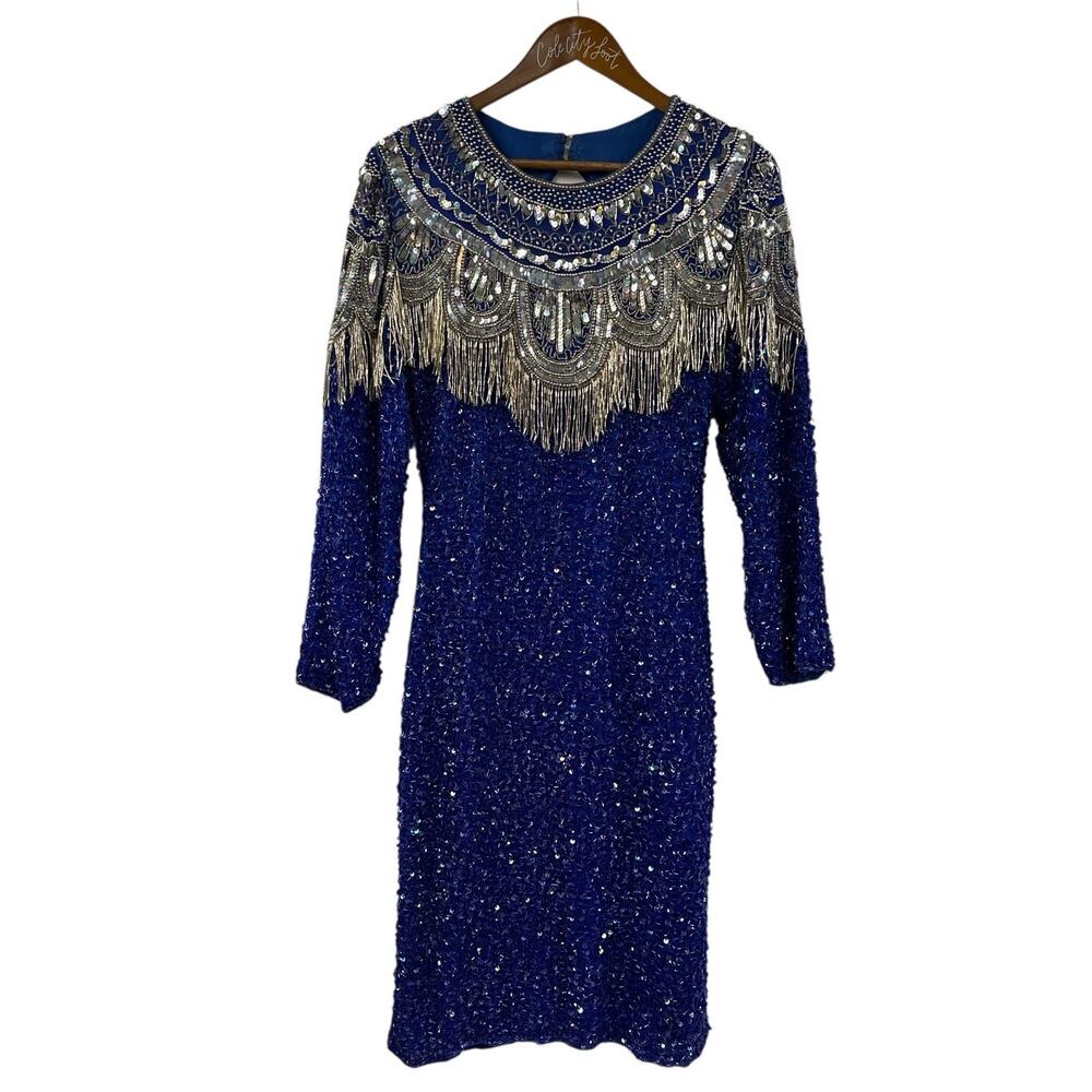 Blue Fringe Party Dress Heavily Beaded Vintage Long Sleeve Short Party Sparkly